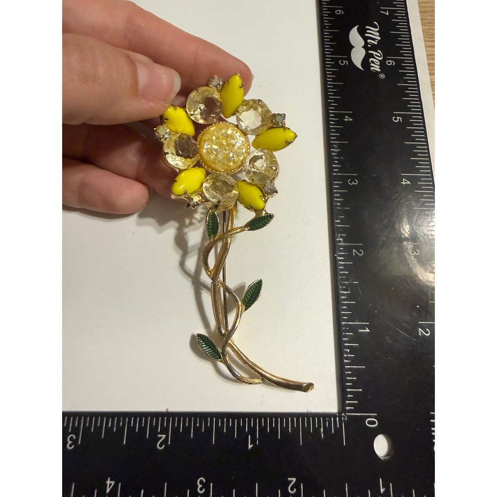 Vintage Yellow Rhinestone Flower Brooch Gold Tone Long Stem Enamel Leaf Pin